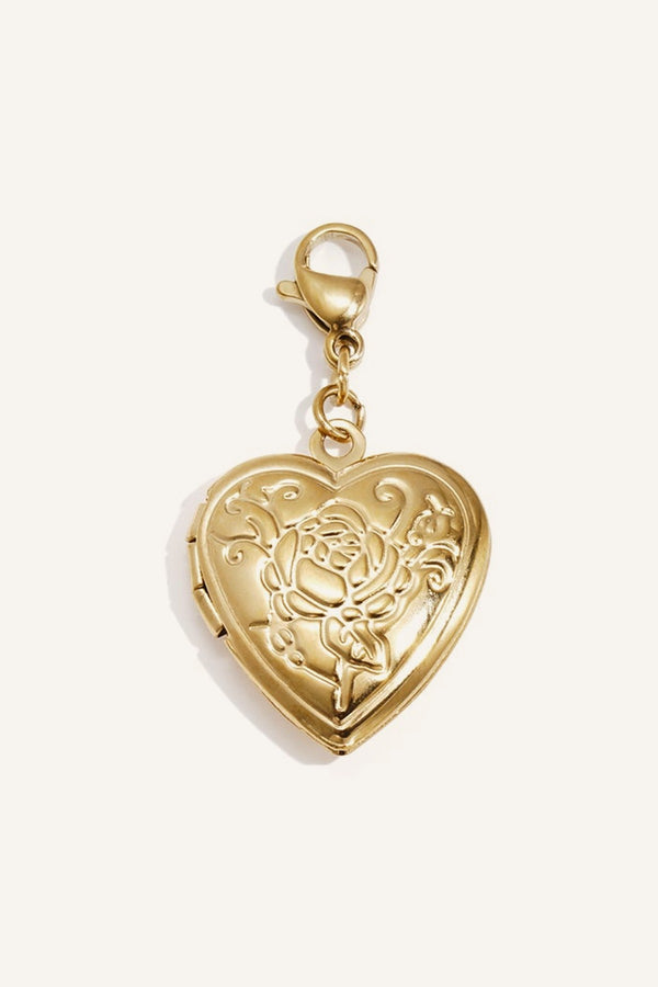 Herz-Medaillon mit Rosen-Prägung, hochwertiger Edelstahl, vergoldet – LOVAMORE Charm